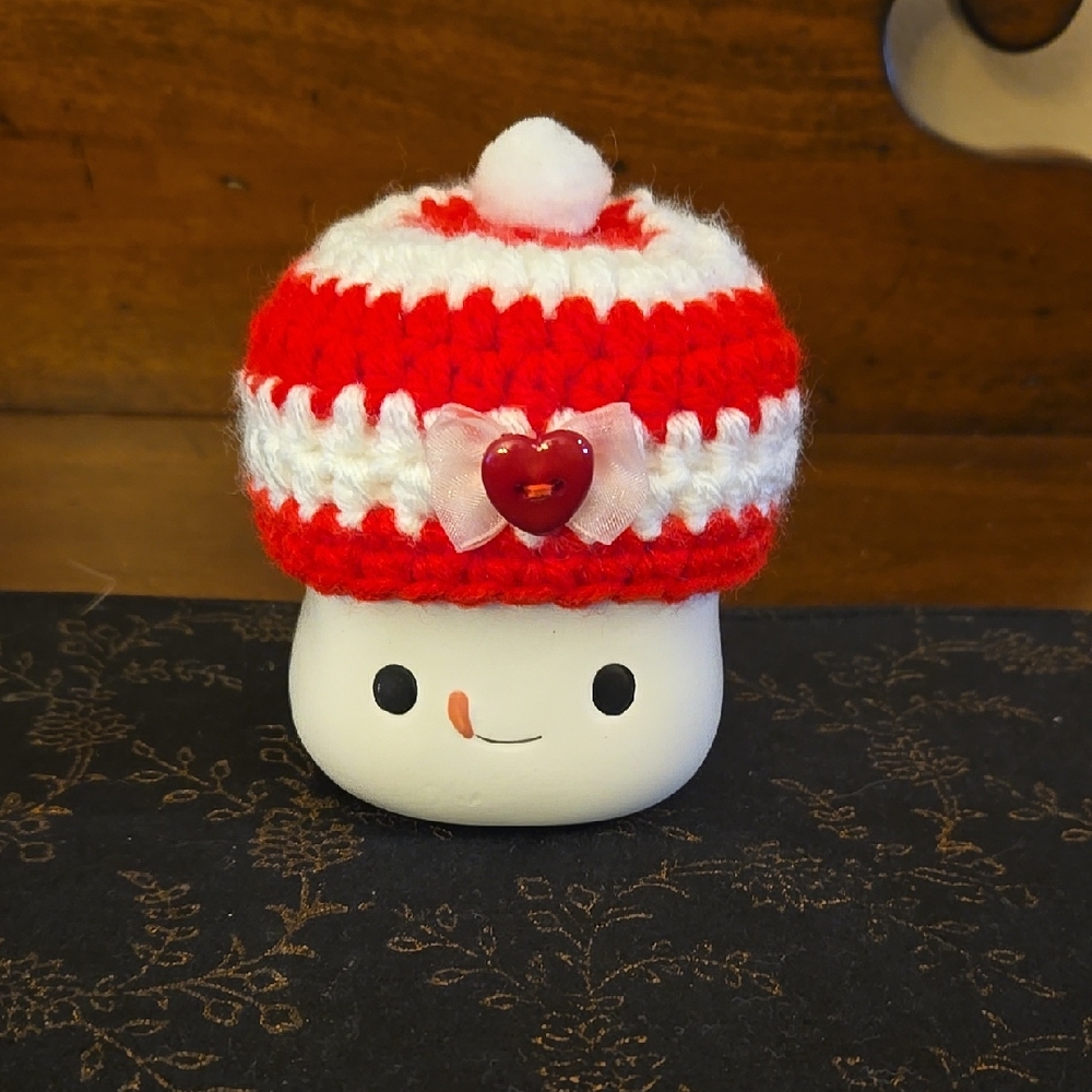 Cute marshmallow mug with Red and White Crocheted Hat Decor